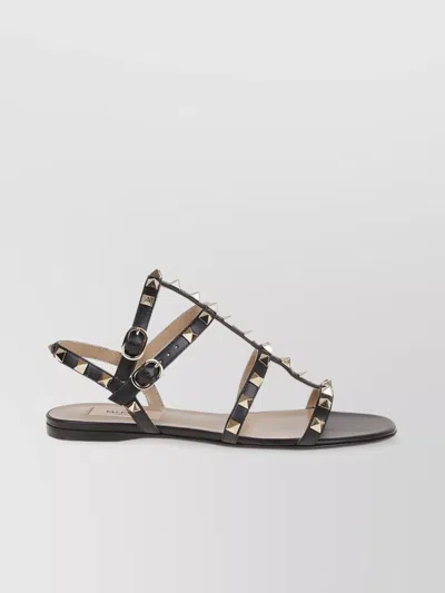 Valentino Garavani Rockstud Flat Calfskin Sandal With Straps Woman Black 40 In Black