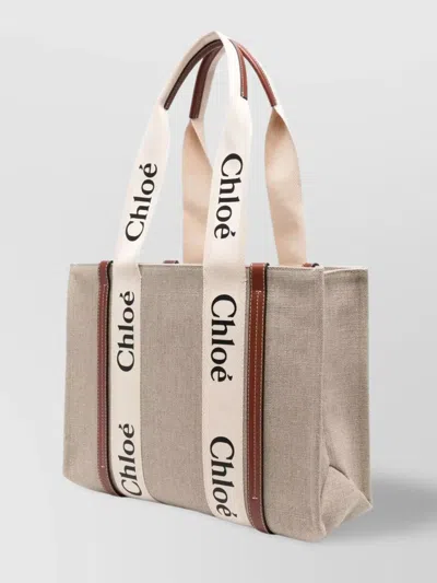 Chloé Structured Tote Bag With Leather And Linen Blend In Neutral