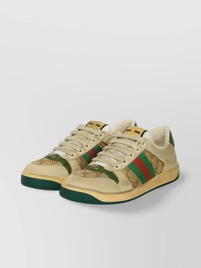 Gucci Canvas And Leather Sneakers With Vintage Web In Neutral