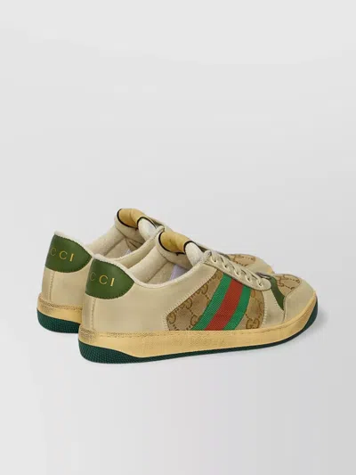 Gucci Canvas And Leather Sneakers With Vintage Web In Neutral