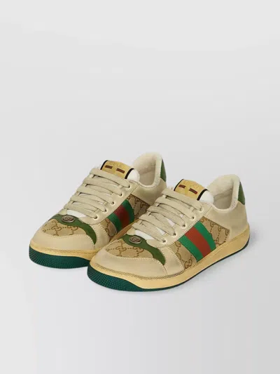 Gucci Canvas And Leather Sneakers With Vintage Web In Neutral