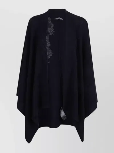 Ermanno Scervino Flowing Black Wool-blend Cape With Floral Embroidery In Blue