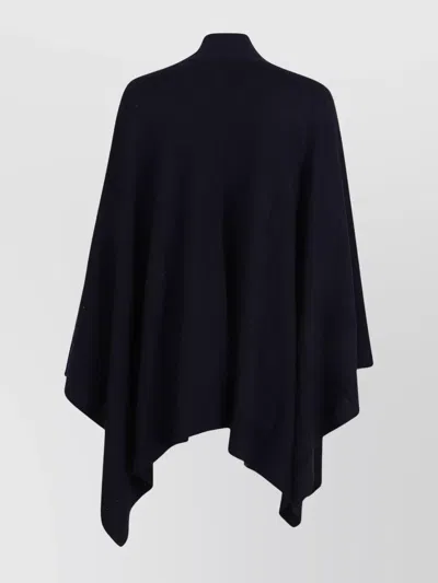 Ermanno Scervino Flowing Black Wool-blend Cape With Floral Embroidery In Blue
