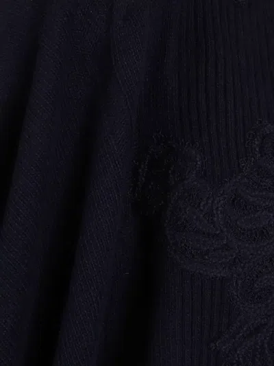 Ermanno Scervino Flowing Black Wool-blend Cape With Floral Embroidery In Blue