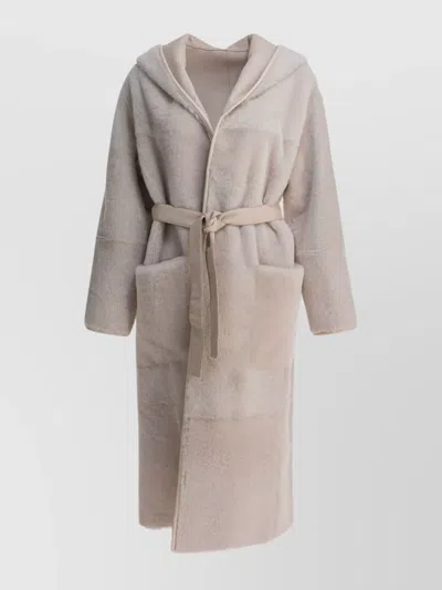 Blancha Hooded Coat With Belted Waist And Pockets In Gray