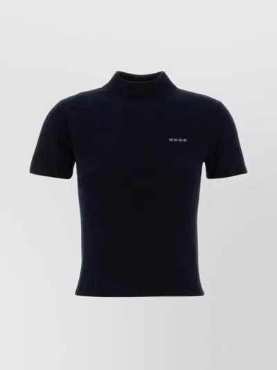 Miu Miu Cashmere Sweater With Mock Neck And Short Sleeves In Black