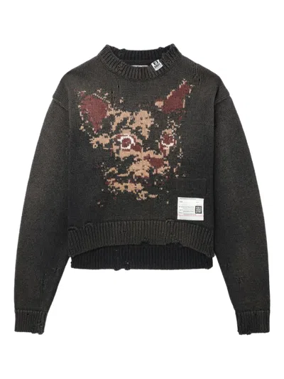 Miharayasuhiro Cat-face Distressed Knitted Sweater In Black