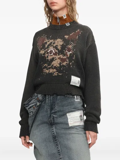 Miharayasuhiro Cat-face Distressed Knitted Sweater In Black