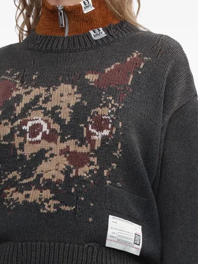 Miharayasuhiro Cat-face Distressed Knitted Sweater In Black