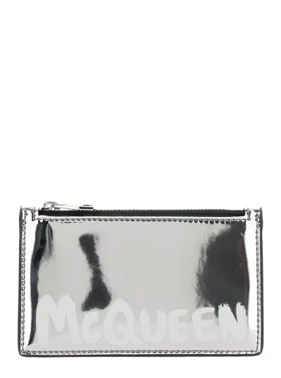 Alexander Mcqueen Silver Card-holder With Mcqueen Graffiti Logo In Laminated Leather Man In Gray