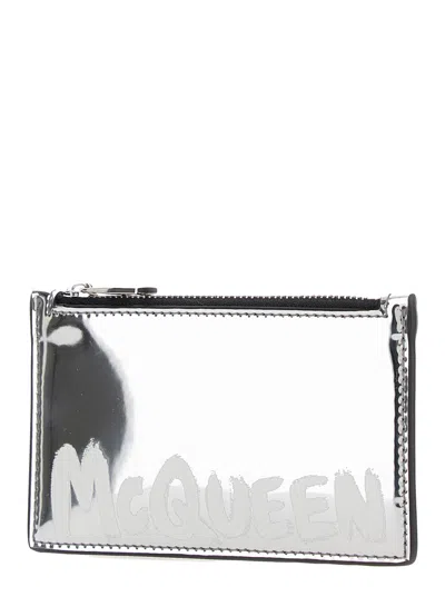 Alexander Mcqueen Silver Card-holder With Mcqueen Graffiti Logo In Laminated Leather Man In Gray