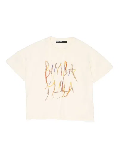 Bimba Y Lola Logo-embroidered Fringed T-shirt In Neutral