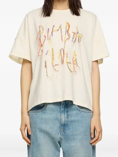 Bimba Y Lola Logo-embroidered Fringed T-shirt In Neutral