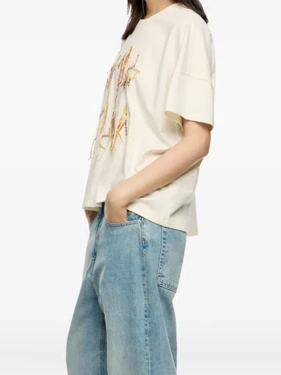 Bimba Y Lola Logo-embroidered Fringed T-shirt In Neutral