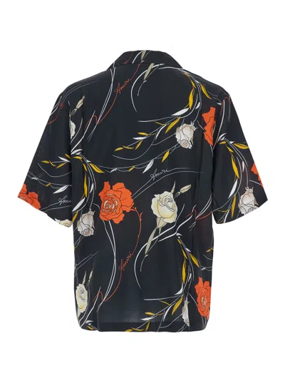 Amiri Men Black Bowling Shirt With Cuban Collar And All-over Floral Motif In Viscose Man In Multi