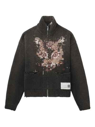 Miharayasuhiro Cat-face Distressed Zip-up Cardigan In Black