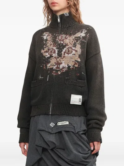 Miharayasuhiro Cat-face Distressed Zip-up Cardigan In Black