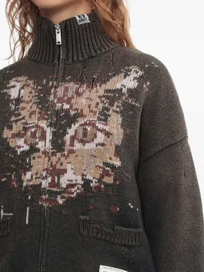 Miharayasuhiro Cat-face Distressed Zip-up Cardigan In Black