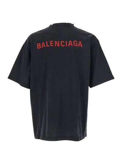 Balenciaga Black Crewneck T-shirt With Logo On The Front And On The Back In Cotton Man In Blue