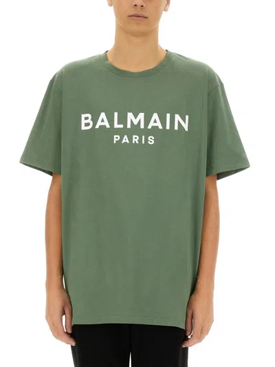 Balmain Men T-shirt With Logo In Green