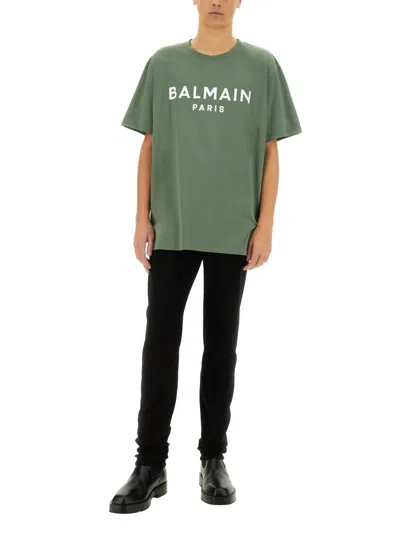 Balmain Men T-shirt With Logo In Green