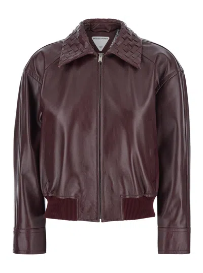 Bottega Veneta Women Bordeaux Crop Jacket With Intreccio Motif Collar And Dropped Shoulders In Leath In Brown