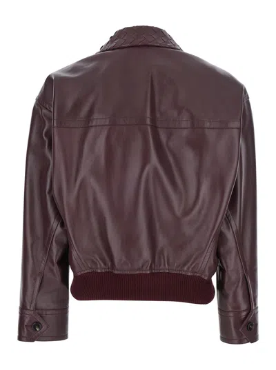 Bottega Veneta Women Bordeaux Crop Jacket With Intreccio Motif Collar And Dropped Shoulders In Leath In Brown