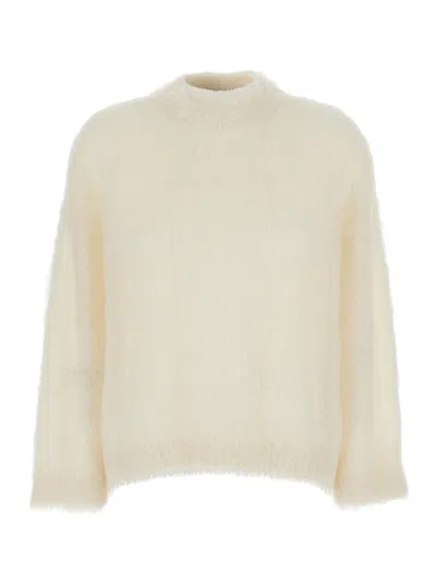Brunello Cucinelli White Sweater With Stand-up Collar In Cashmere And Silk Blend Woman In Neutral