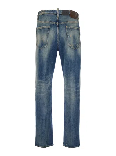 Dsquared2 Men Blue Jeans With Logo Patch On The Rear And Distressed Effect In Denim Man In Blue