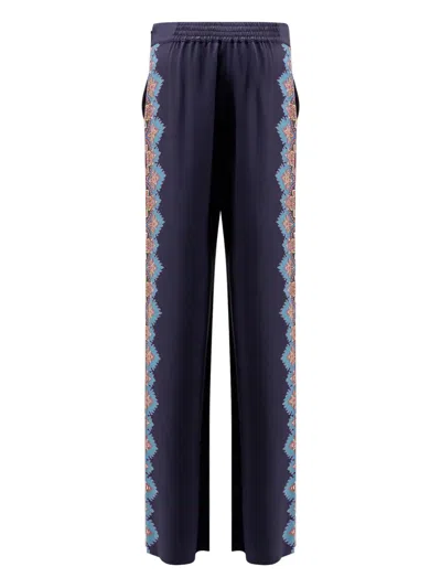 Etro Floral Print Silk Trousers In Blue