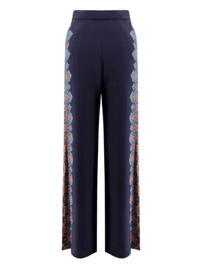Etro Floral Print Silk Trousers In Blue