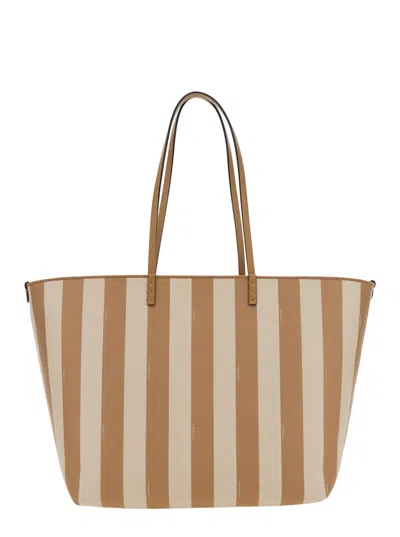 Fendi Pequin Striped And Ff Fabric Roll Large Reversible Shopper In White