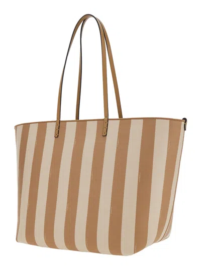 Fendi Pequin Striped And Ff Fabric Roll Large Reversible Shopper In White