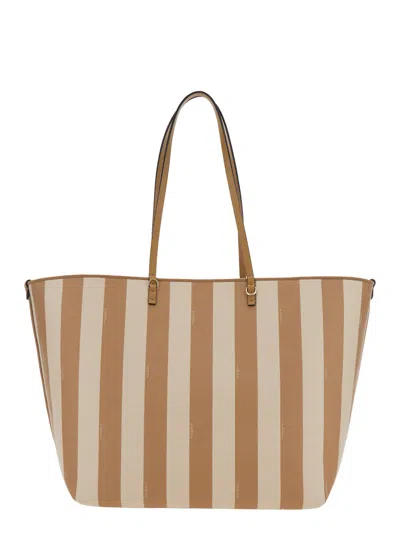Fendi Pequin Striped And Ff Fabric Roll Large Reversible Shopper In White
