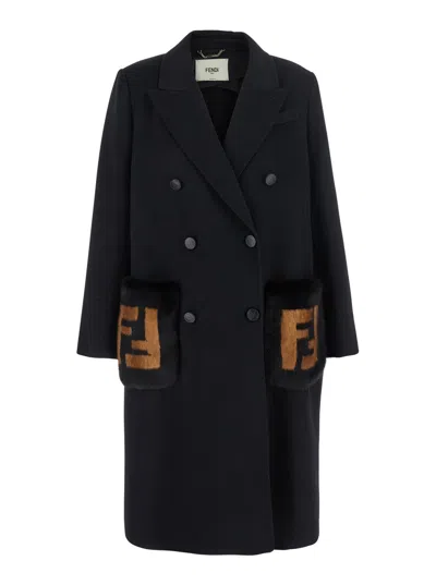 Fendi Straight-fit Midi Coat With Side Slits At The Bottom In Blue