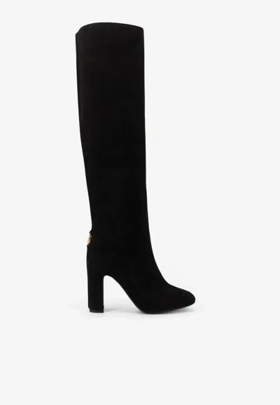 Dolce & Gabbana Chain Detail Suede Knee-high Boots In Black