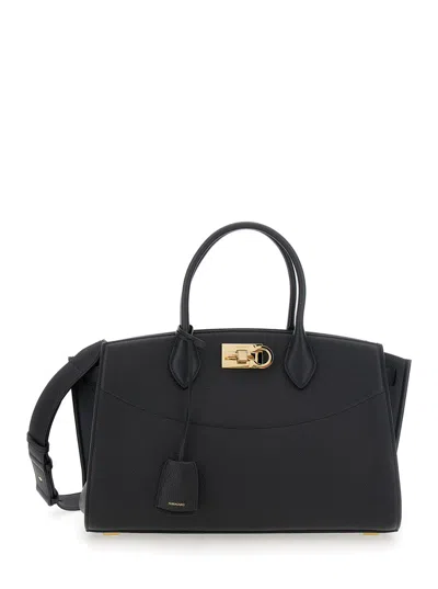 Ferragamo Black Handbag With Adjustable And Removable Shoulder Strap And Gancini Turn-lock Closure In Grained  In Black