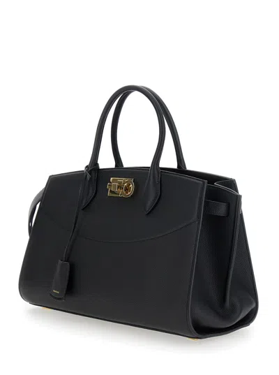 Ferragamo Black Handbag With Adjustable And Removable Shoulder Strap And Gancini Turn-lock Closure In Grained  In Black