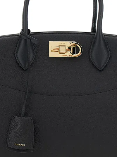 Ferragamo Black Handbag With Adjustable And Removable Shoulder Strap And Gancini Turn-lock Closure In Grained  In Black