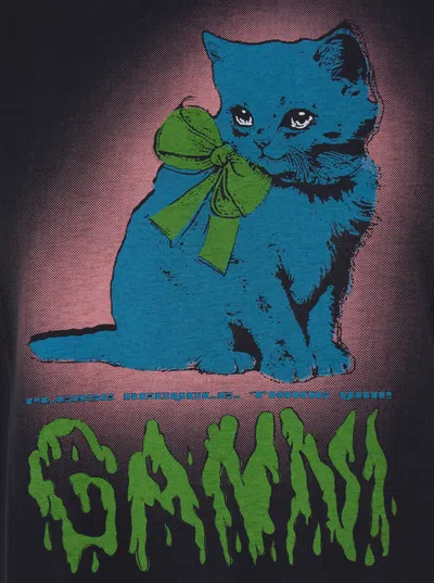 Ganni Neon Kitty Organic Cotton T-shirt In Black