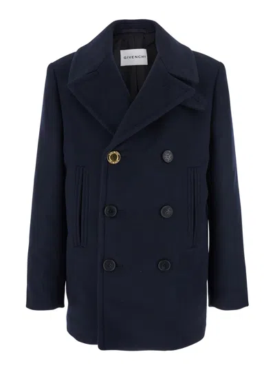 Givenchy Blue Coat With Wide Lapels And Logoed Buttons In Wool Man In Blue