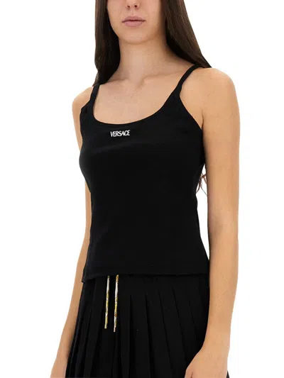 Versace Logo Ribbed Tank Top In Black