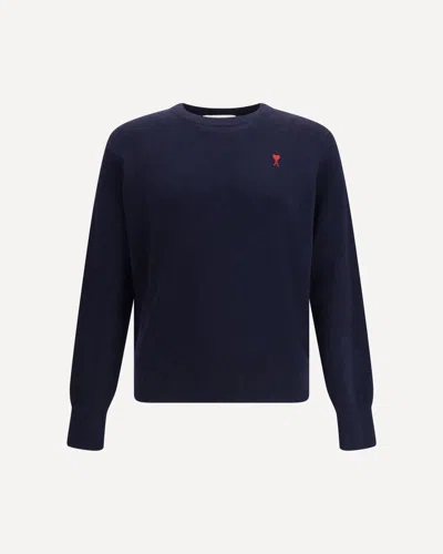 Ami Alexandre Mattiussi Ami Navy Blue Cotton Jersey Sweater With Signature Embroidered Motif In Blue