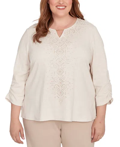 Alfred Dunner Plus Size Urban Legend Center Embellished V-neck Top In Neutral