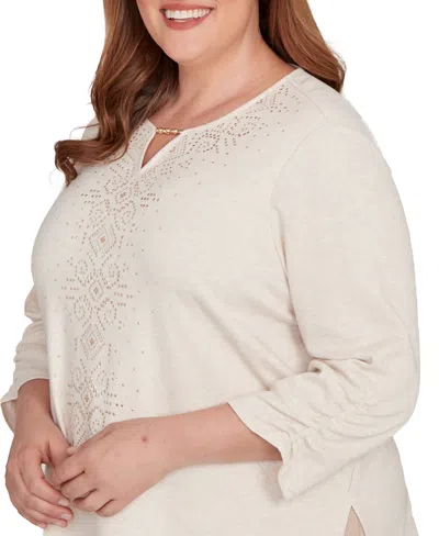 Alfred Dunner Plus Size Urban Legend Center Embellished V-neck Top In Neutral