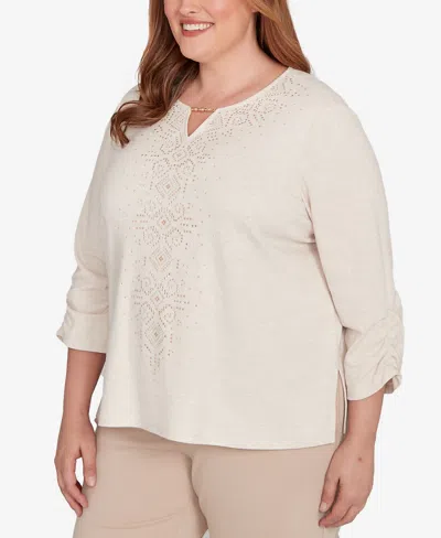 Alfred Dunner Plus Size Urban Legend Center Embellished V-neck Top In Neutral