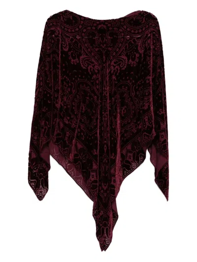 Etro Bordeaux Cape With All-over Paisley Motif And Triangular Hem In Silk Blend Woman In Red