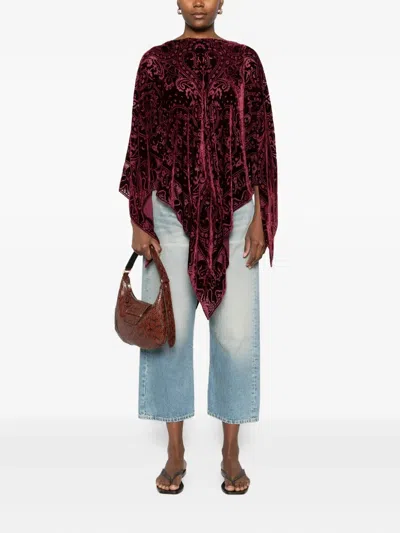 Etro Bordeaux Cape With All-over Paisley Motif And Triangular Hem In Silk Blend Woman In Red