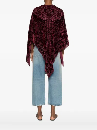 Etro Bordeaux Cape With All-over Paisley Motif And Triangular Hem In Silk Blend Woman In Red