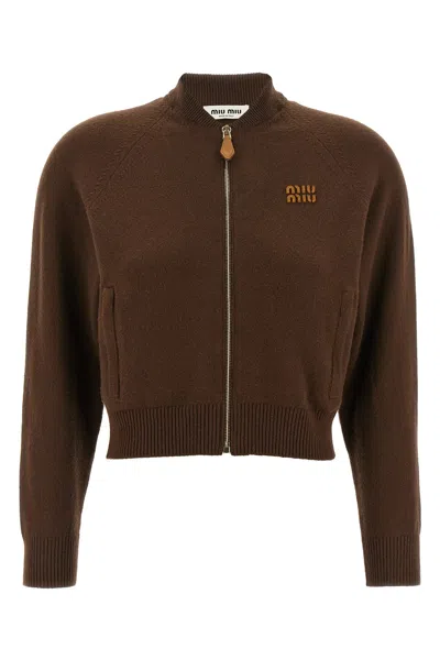 Miu Miu Stretch Cashmere Blend Cardigan With Ribbed Cuffs And Hem In Brown